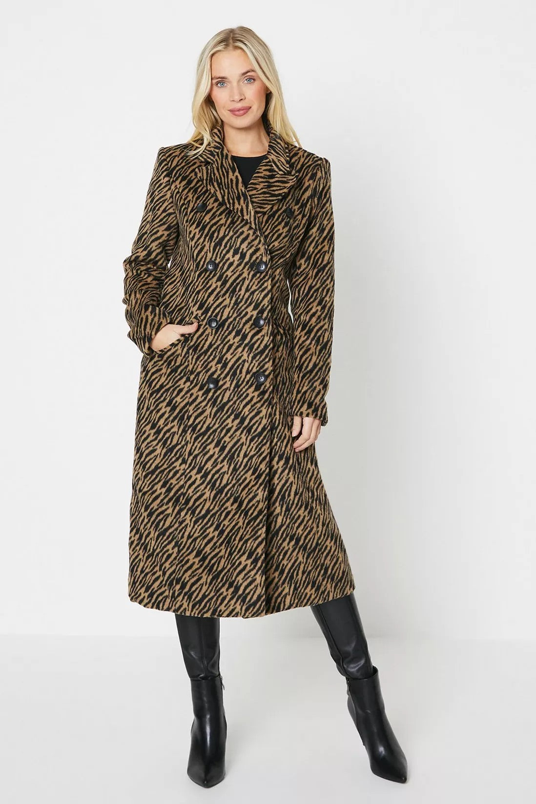 Oasis Petite Animal Zebra Double Breasted Midi Coat - Size 10