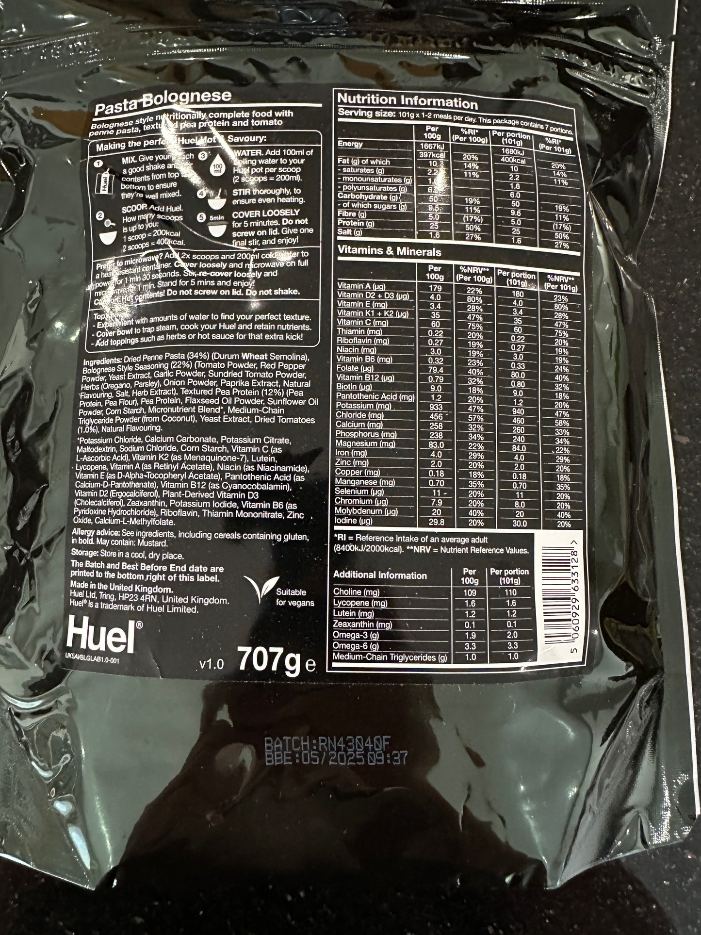 HUEL Hot & Tasty Pouches - Pasta Bolognese BNIB