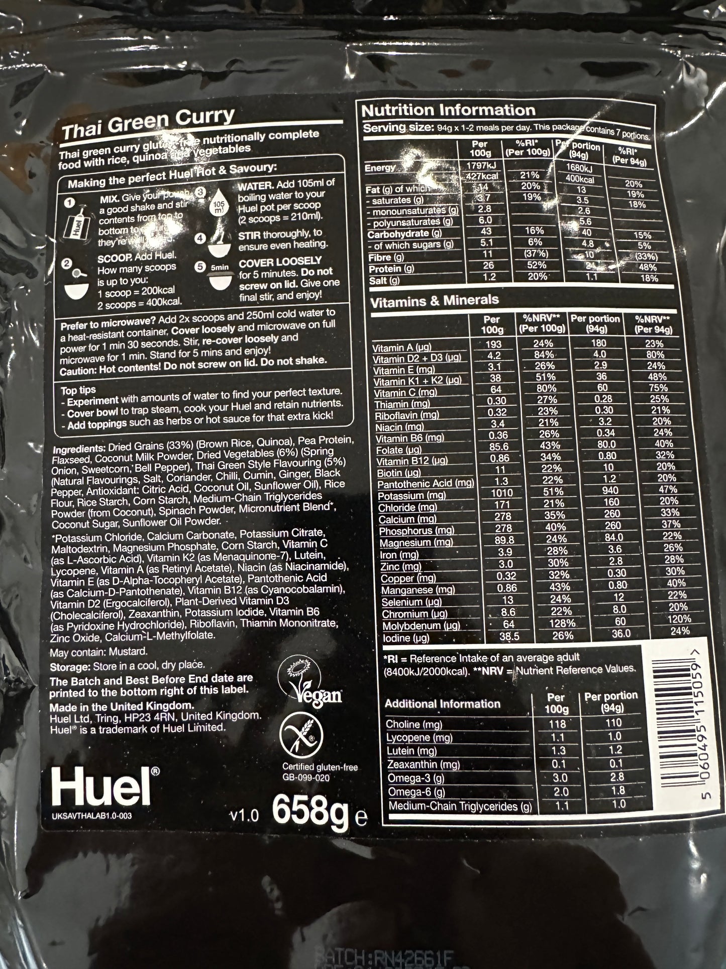 HUEL Hot & Tasty Pouches - Thai Green Curry BNIB