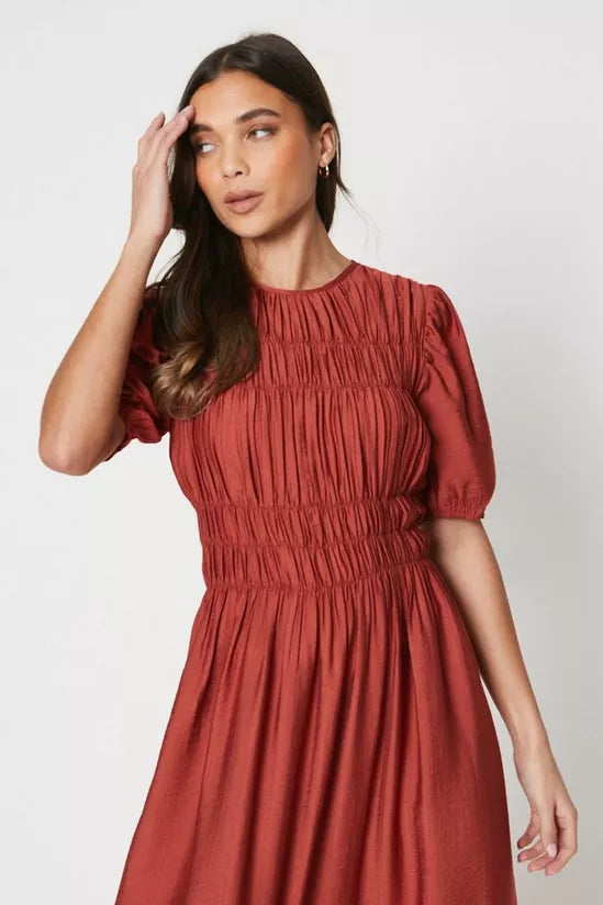 Oasis Petite Shirred Bodice Puff Sleeve Midi Dress - Size 8
