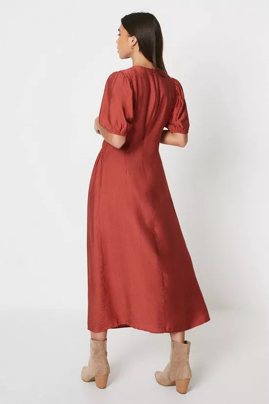 Oasis Petite Shirred Bodice Puff Sleeve Midi Dress - Size 8