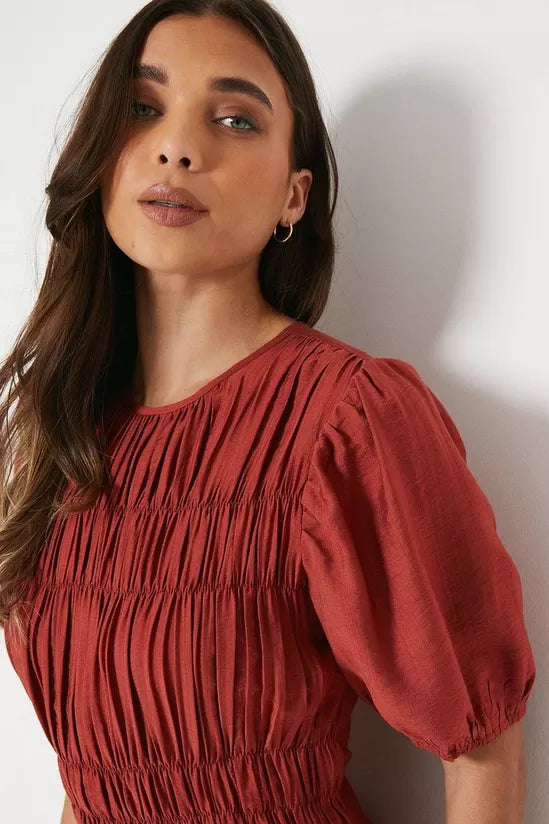 Oasis Petite Shirred Bodice Puff Sleeve Midi Dress - Size 8