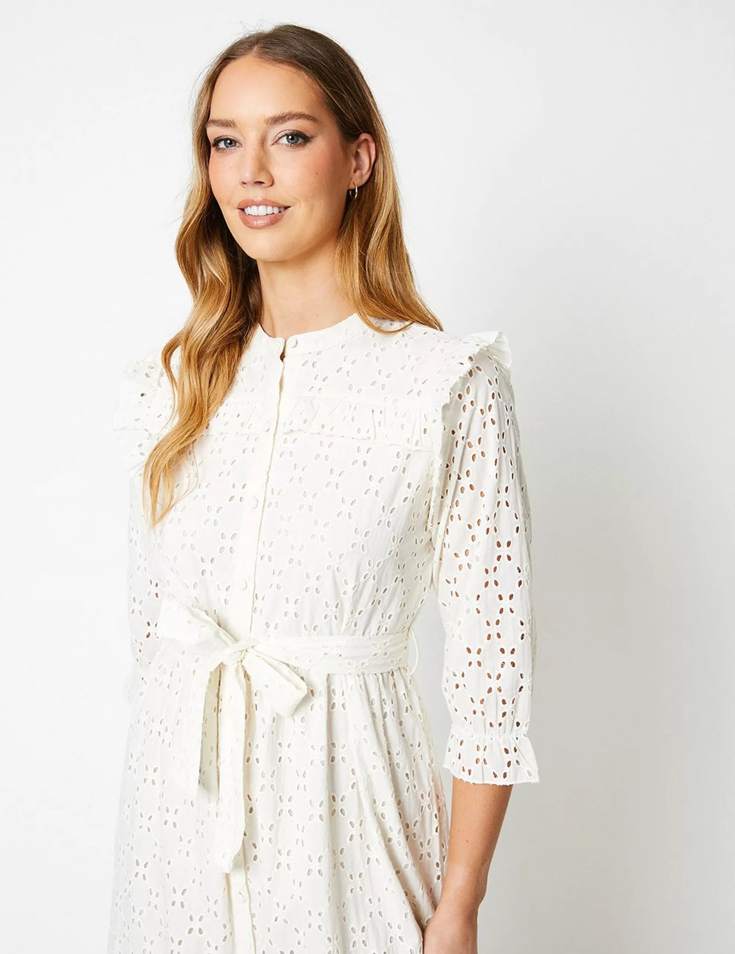 Oasis Broderie Button Through Midi Dress Ivory - Size 12