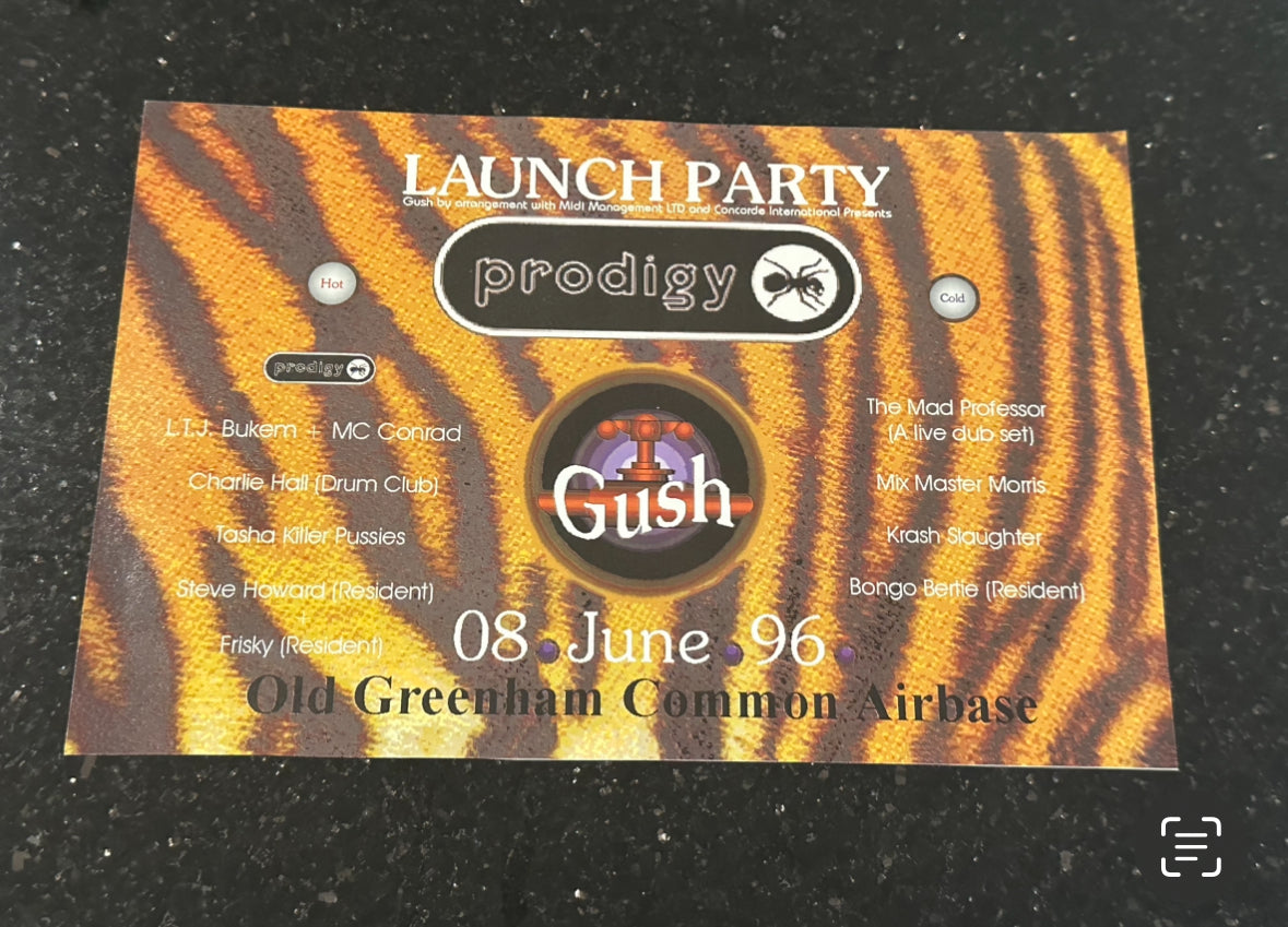 The Prodigy -  Lunch Party Flyer 8th June 1996 Old Greenham Common Airbase Rare