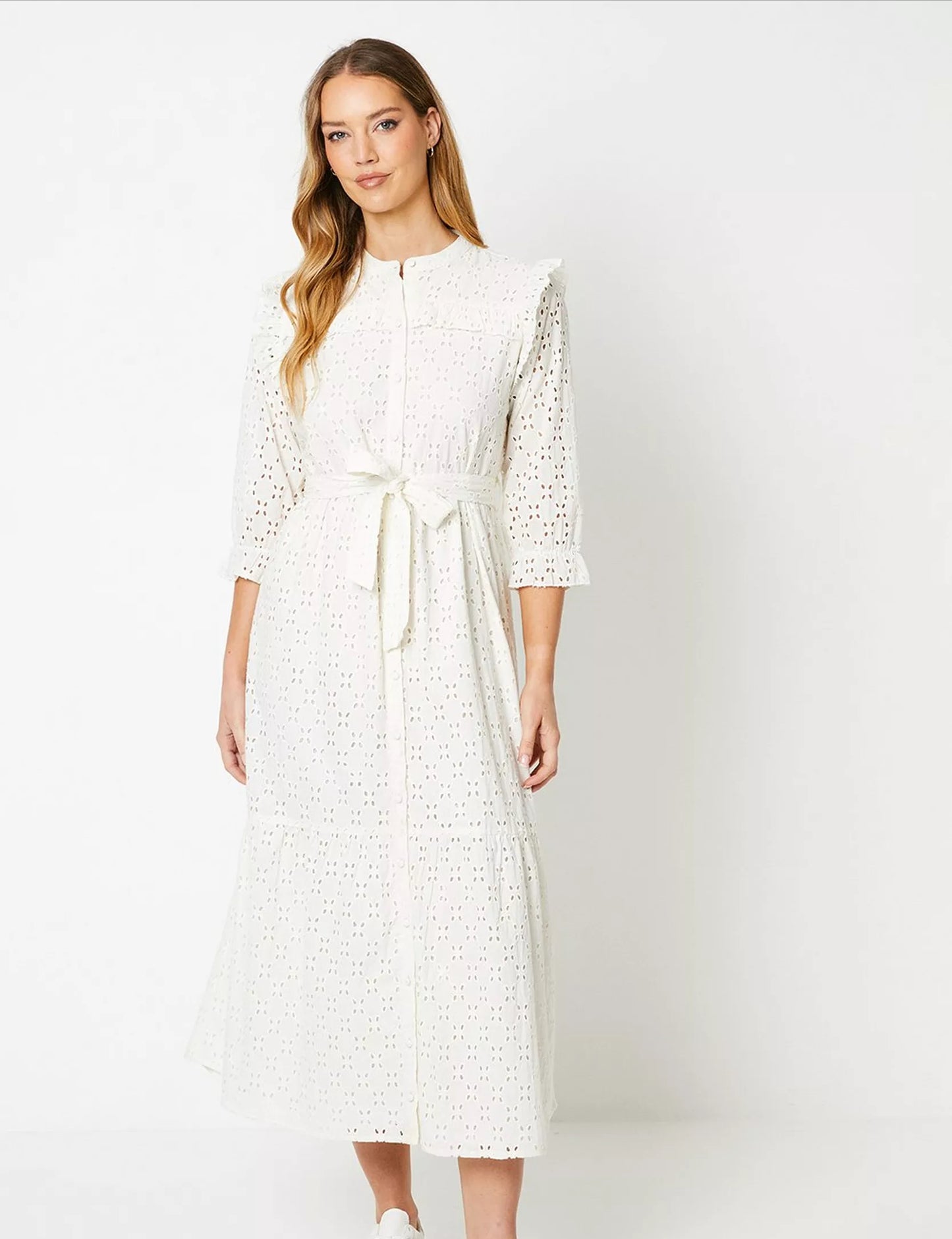 Oasis Broderie Button Through Midi Dress Ivory - Size 12