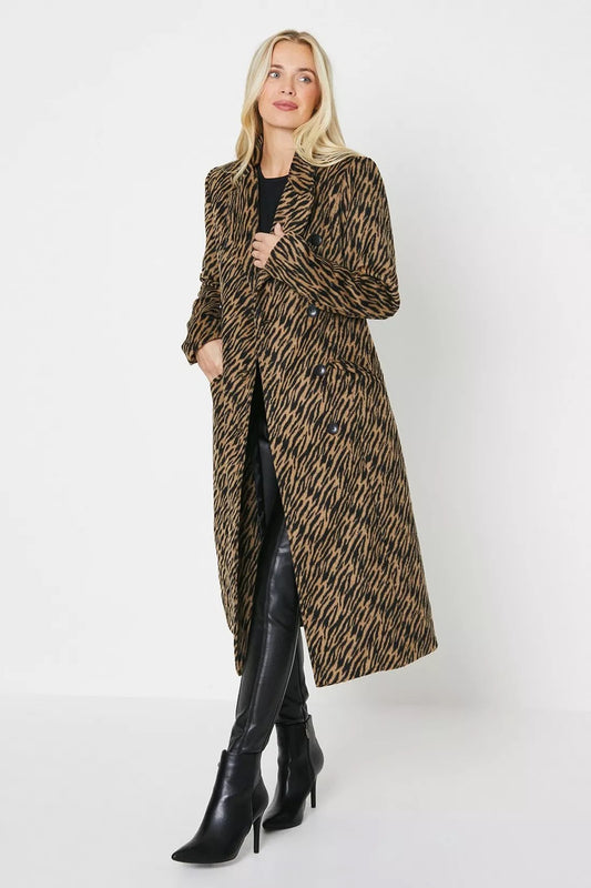 Oasis Petite Animal Zebra Double Breasted Midi Coat - Size 10