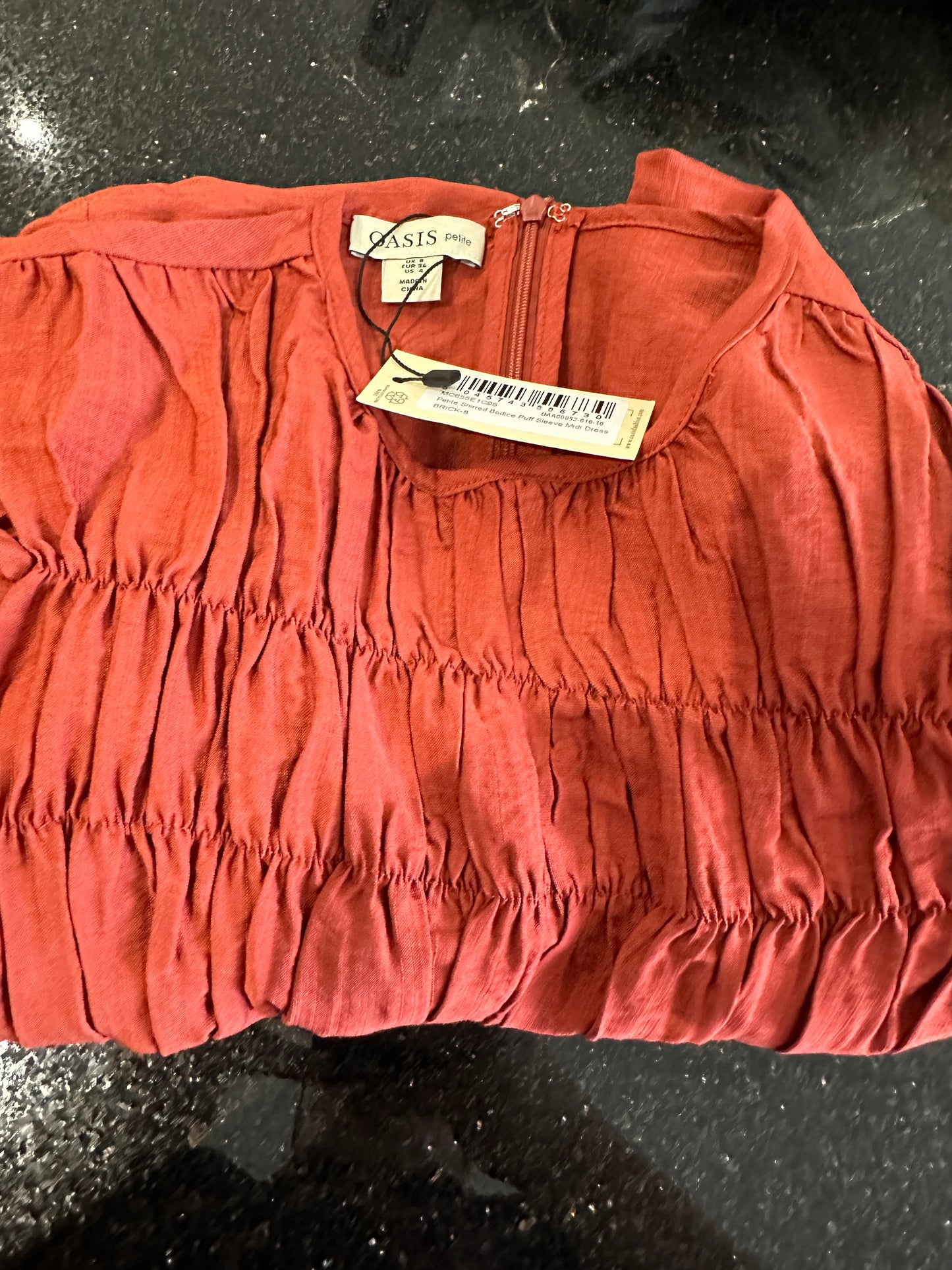 Oasis Petite Shirred Bodice Puff Sleeve Midi Dress - Size 8