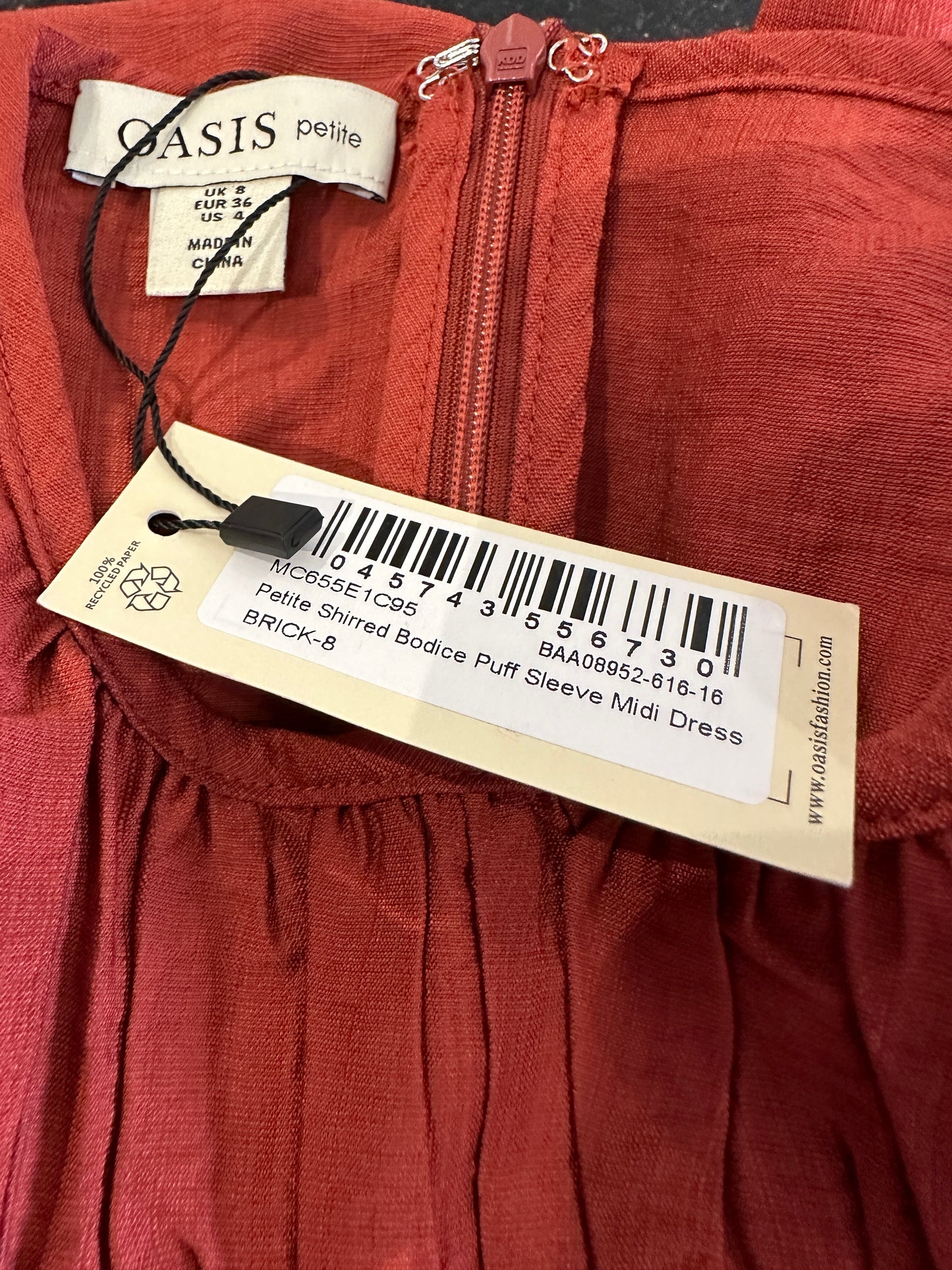 Oasis Petite Shirred Bodice Puff Sleeve Midi Dress - Size 8
