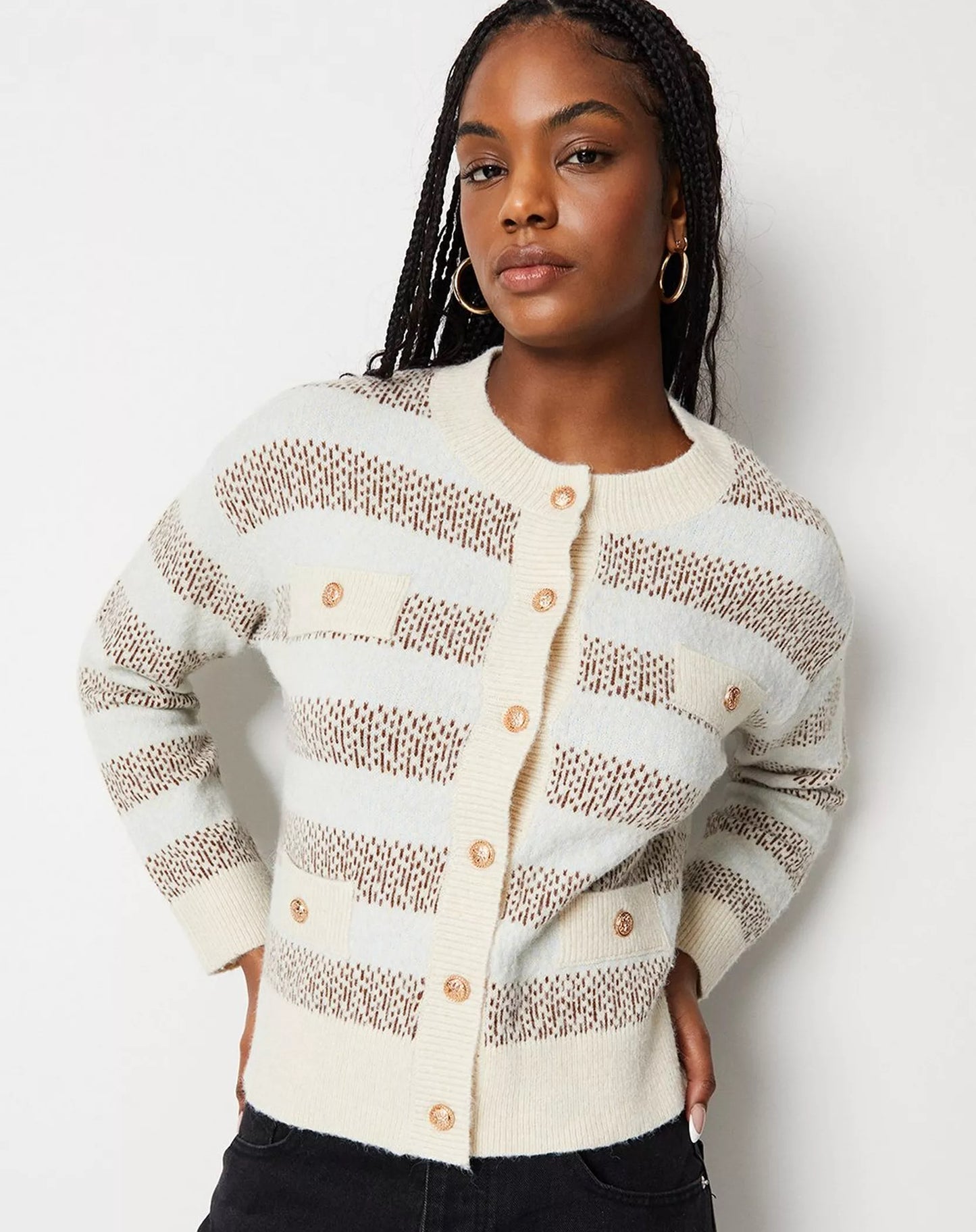 Knitted Jacquard Stripe Pocket Detail Cardigan - Size L