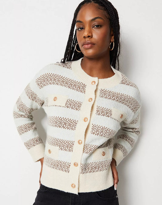 Knitted Jacquard Stripe Pocket Detail Cardigan - Size L