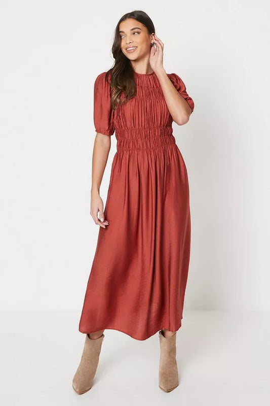 Oasis Petite Shirred Bodice Puff Sleeve Midi Dress - Size 8